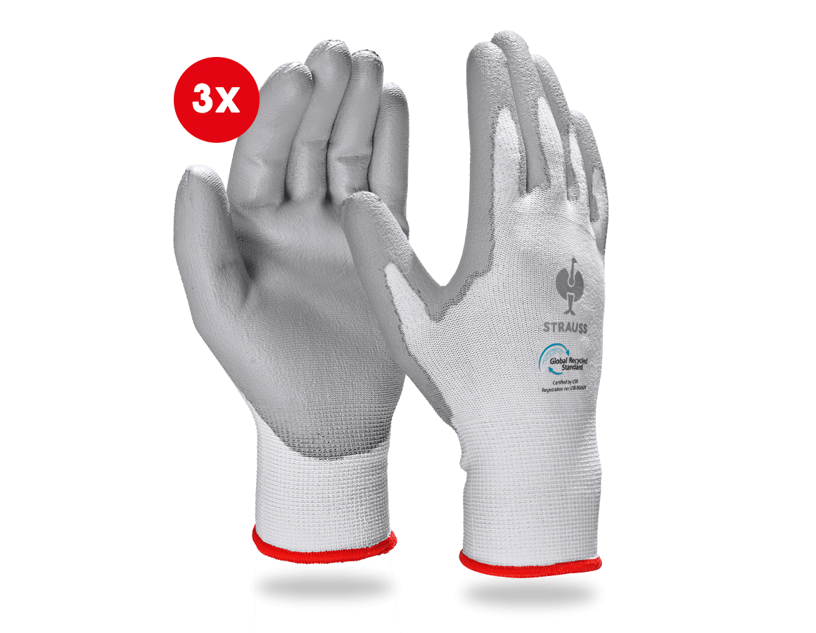 Revêtement: e.s. Gants PU recycled, 3 paires + gris/blanc