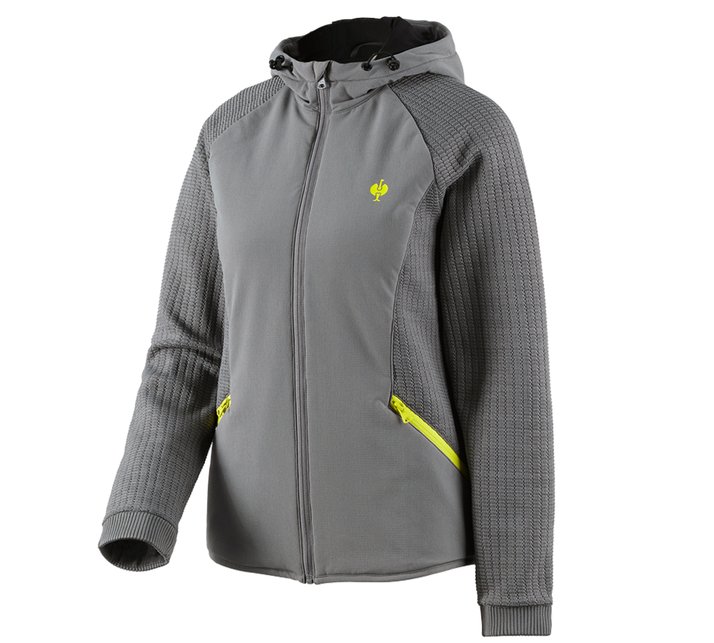 Thèmes: Veste en tricot à capuche hybride e.s.trail,femmes + gris basalte/jaune acide