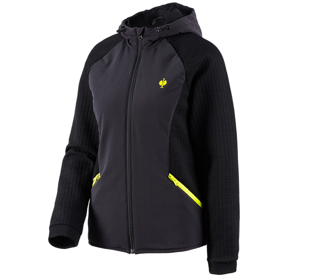 Thèmes: Veste en tricot à capuche hybride e.s.trail,femmes + noir/jaune acide