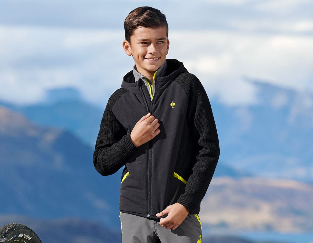 Thèmes: Veste en tricot à capuche hybride e.s.trail,enfant + noir/jaune acide