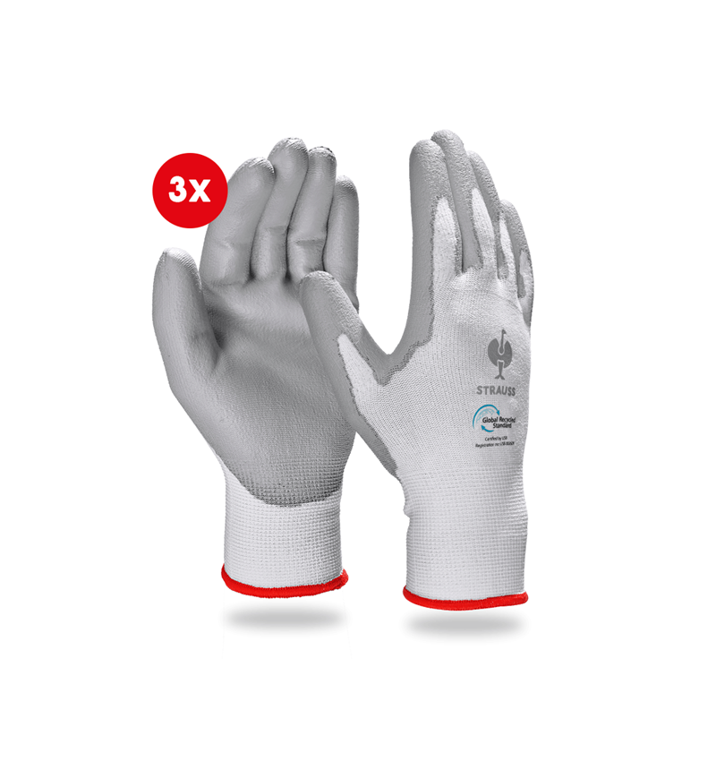 Sécurité au travail: e.s. Gants PU recycled, 3 paires + gris/blanc